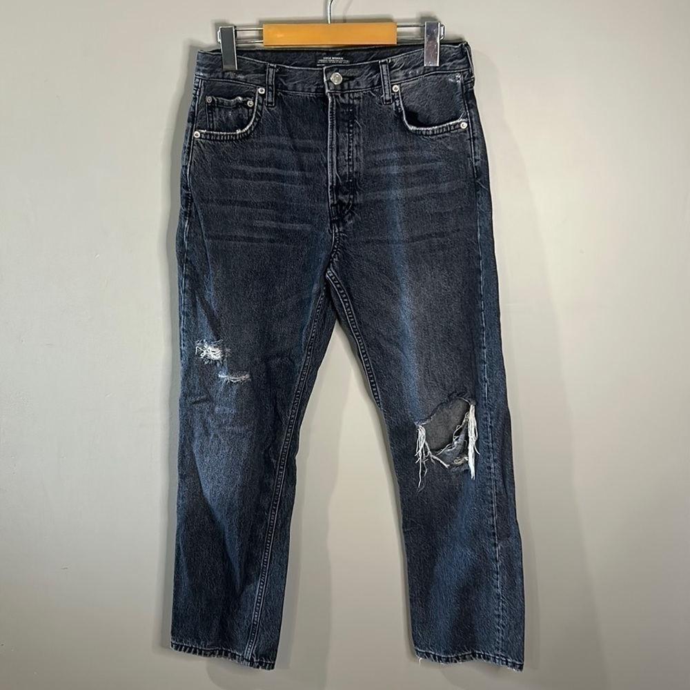 Zara Women Denim Collection Black Distressed High Rise Straight Leg Woman's Sz 6